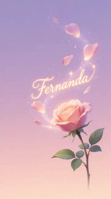 Fernanda diseño 8 - Fondo de Pantalla con degradado suave que transiciona de lila en la parte superior a melocotón y rosa pastel en la base, destacando una rosa rosada hiperrealista con tallo y hojas verdes. El nombre brilla en tipografía cursiva con efecto neón cálido, adornado con pétalos cayendo y chispas de luz mágica.
