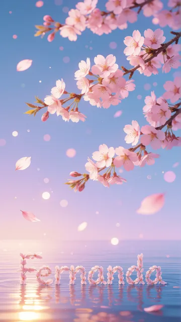 Fernanda diseño 9 - Composición serena y onírica con ramas de cerezo en flor (sakura) en la parte superior contra un cielo en degradado de azul suave y lila. Pétalos de color rosa pastel flotan delicadamente en el aire cayendo hacia una superficie de agua tranquila y cristalina. En el centro inferior, el nombre está formado por pétalos de flores con un sutil efecto de relieve 3D y tipografía floral, reflejándose sobre el agua que está iluminada por un cálido destello dorado de luz solar en la esquina inferior derecha.