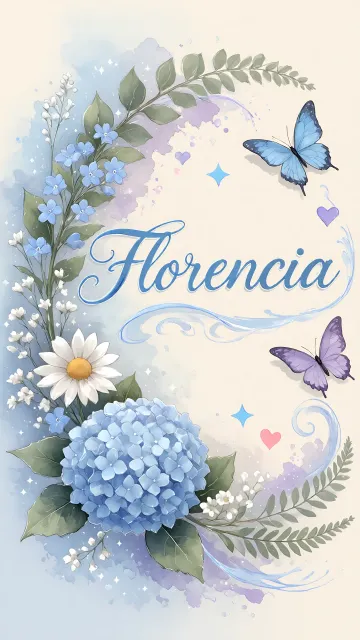 Florencia diseño 1 - Hortensias azules, flores pequeñas y acuarela suave con mariposas azules y brillo etéreo