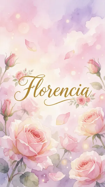Florencia diseño 10 - Diseño estilo acuarela con un fondo etéreo y texturizado en nubes de tonos rosa pastel y lila suave. Presenta composiciones de rosas abiertas y capullos en los bordes inferior y superior, con pétalos cayendo delicadamente. Incorpora destellos de luz cálida (efecto bokeh) y, en el centro, resalta una tipografía elegante, cursiva y fluida en color dorado.
