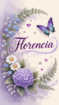 Florencia - Diseño elegante de hortensias en tonos lila y morados suaves, con volutas estilizadas y una mariposa mística que aporta un toque etéreo y mágico.