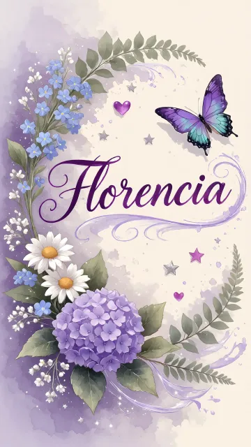 Florencia diseño 2 - Diseño elegante de hortensias en tonos lila y morados suaves, con volutas estilizadas y una mariposa mística que aporta un toque etéreo y mágico.