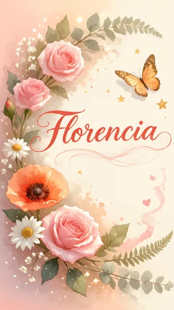 Florencia diseño 3 - Elegante composición de rosas rosadas y amapolas naranjas con mariposas doradas brillantes sobre un fondo cálido, romántico y mágico.