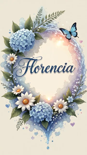 Florencia diseño 4 - Composición magica con nombre en letra cursiva azul, rodeado de hortensias azules, margaritas blancas y delicadas flores silvestres, enmarcado por suaves remolinos de agua, mariposas azules y destellos estelares sobre un fondo etéreo y romántico.