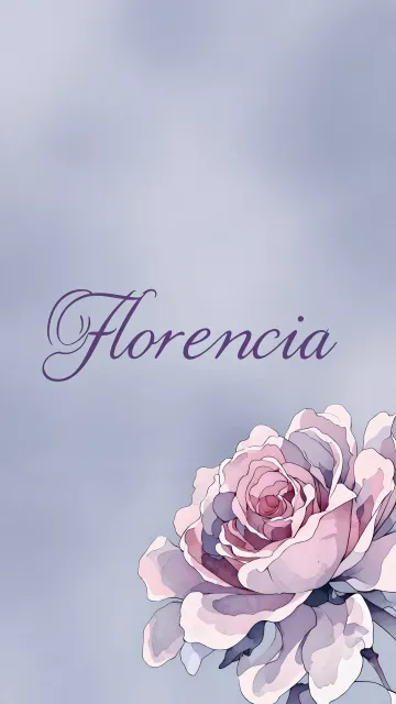 Florencia diseño 5 - Nombre en elegante tipografía cursiva caligráfica en tono lavanda, sobre fondo acuarela de cielo nublado en tonos pastel (azul, blanco, lavanda), decorado con rosa en acuarela de pétalos rosa pálido, blanco crema y lilas suaves con hojas en gris-verde.