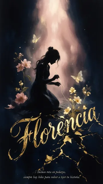 Florencia diseño 6 - Composición de ilustración semirrealista cinematográfica con silueta femenina tejiendo un hilo dorado de luz sobre un suelo oscuro fracturado al estilo Kintsugi, donde el nombre resalta en un prominente guión caligráfico dorado que emerge de las grietas, rodeado de flores blancas, mariposas y un fondo degradado de azules profundos iluminado por una luz celestial en tonos melocotón y crema, con una frase de aliento en tipografía blanca en la parte inferior.