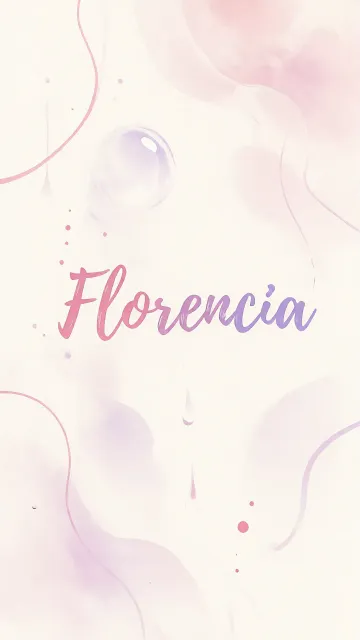 Florencia diseño 7 - Diseño abstracto en acuarela sobre fondo crema, con manchas fluidas y etéreas en rosa pastel y lila, líneas curvas que aportan movimiento, pequeñas gotas salpicadas cayendo verticalmente y una burbuja translúcida en la parte superior izquierda. El nombre resalta al centro con una tipografía cursiva amplia y elegante en degradado rosa a morado.