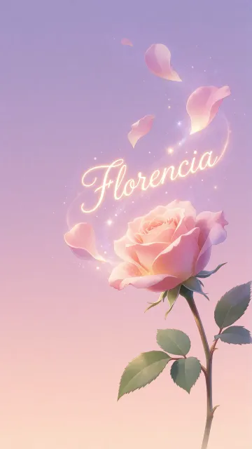Florencia diseño 8 - Fondo de Pantalla con degradado suave que transiciona de lila en la parte superior a melocotón y rosa pastel en la base, destacando una rosa rosada hiperrealista con tallo y hojas verdes. El nombre brilla en tipografía cursiva con efecto neón cálido, adornado con pétalos cayendo y chispas de luz mágica.