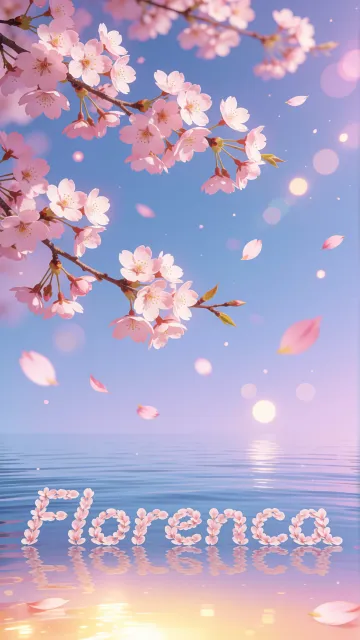 Florencia diseño 9 - Composición serena y onírica con ramas de cerezo en flor (sakura) en la parte superior contra un cielo en degradado de azul suave y lila. Pétalos de color rosa pastel flotan delicadamente en el aire cayendo hacia una superficie de agua tranquila y cristalina. En el centro inferior, el nombre está formado por pétalos de flores con un sutil efecto de relieve 3D y tipografía floral, reflejándose sobre el agua que está iluminada por un cálido destello dorado de luz solar en la esquina inferior derecha.