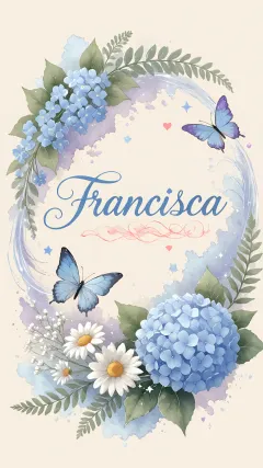 Francisca - Hortensias azules, flores pequeñas y acuarela suave con mariposas azules y brillo etéreo