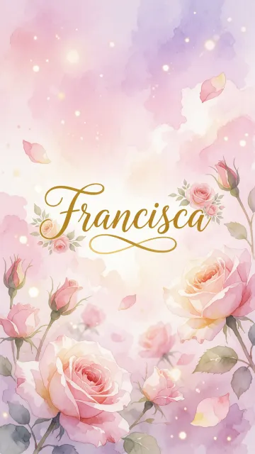 Francisca diseño 10 - Diseño estilo acuarela con un fondo etéreo y texturizado en nubes de tonos rosa pastel y lila suave. Presenta composiciones de rosas abiertas y capullos en los bordes inferior y superior, con pétalos cayendo delicadamente. Incorpora destellos de luz cálida (efecto bokeh) y, en el centro, resalta una tipografía elegante, cursiva y fluida en color dorado.