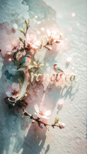 Francisca diseño 11 - Un delicado diseño de estilo acuarela digital que combina una tipografía de caligrafía personalizada para el nombre en tonos dorados y rosados suaves, adornada con pequeñas hojas y brotes. Un pajarito azul y naranja vibrante está posado en una de las letras. Todo está rodeado por un marco circular de ramas de cerezo en flor con delicadas flores rosadas y blancas. El fondo es un lavado de acuarela difuminado en tonos pastel suaves de azul cerceta, rosa rubor y melocotón sobre una textura de papel rugoso, con destellos luminosos y motas de luz bokeh flotando alrededor, creando una atmósfera mágica y soñadora. Las sombras suaves proyectadas añaden profundidad.