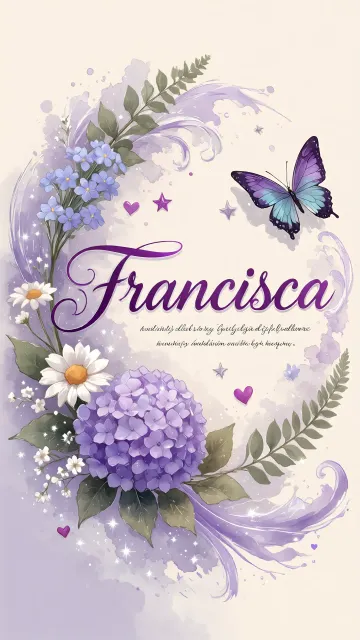 Francisca diseño 2 - Diseño elegante de hortensias en tonos lila y morados suaves, con volutas estilizadas y una mariposa mística que aporta un toque etéreo y mágico.