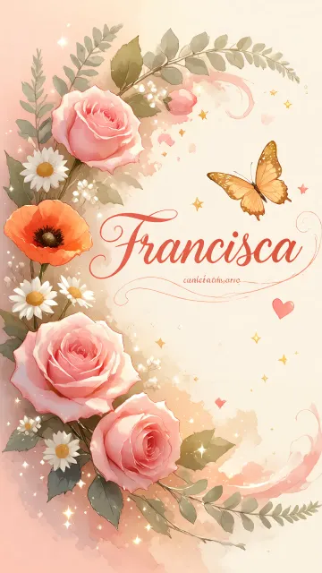 Francisca diseño 3 - Elegante composición de rosas rosadas y amapolas naranjas con mariposas doradas brillantes sobre un fondo cálido, romántico y mágico.