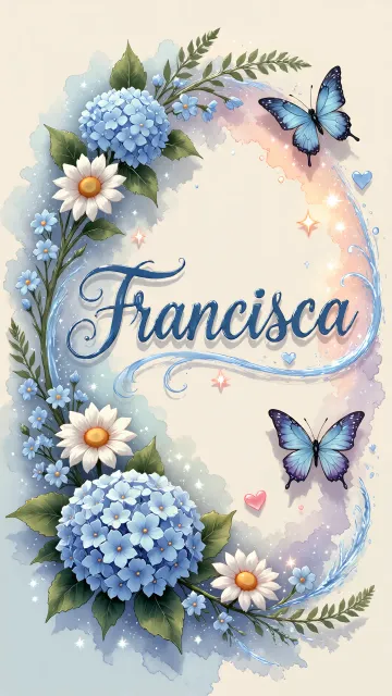 Francisca diseño 4 - Composición magica con nombre en letra cursiva azul, rodeado de hortensias azules, margaritas blancas y delicadas flores silvestres, enmarcado por suaves remolinos de agua, mariposas azules y destellos estelares sobre un fondo etéreo y romántico.