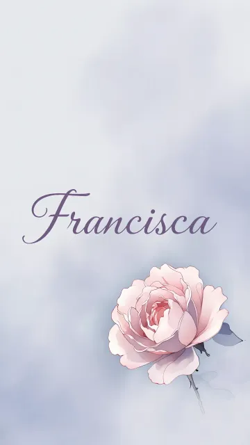 Francisca diseño 5 - Nombre en elegante tipografía cursiva caligráfica en tono lavanda, sobre fondo acuarela de cielo nublado en tonos pastel (azul, blanco, lavanda), decorado con rosa en acuarela de pétalos rosa pálido, blanco crema y lilas suaves con hojas en gris-verde.