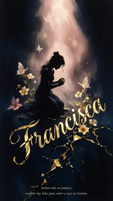 Francisca diseño 6 - Composición de ilustración semirrealista cinematográfica con silueta femenina tejiendo un hilo dorado de luz sobre un suelo oscuro fracturado al estilo Kintsugi, donde el nombre resalta en un prominente guión caligráfico dorado que emerge de las grietas, rodeado de flores blancas, mariposas y un fondo degradado de azules profundos iluminado por una luz celestial en tonos melocotón y crema, con una frase de aliento en tipografía blanca en la parte inferior.