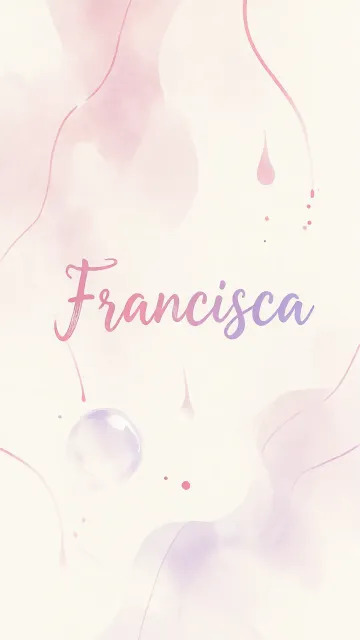 Francisca diseño 7 - Diseño abstracto en acuarela sobre fondo crema, con manchas fluidas y etéreas en rosa pastel y lila, líneas curvas que aportan movimiento, pequeñas gotas salpicadas cayendo verticalmente y una burbuja translúcida en la parte superior izquierda. El nombre resalta al centro con una tipografía cursiva amplia y elegante en degradado rosa a morado.