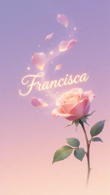 Francisca diseño 8 - Fondo de Pantalla con degradado suave que transiciona de lila en la parte superior a melocotón y rosa pastel en la base, destacando una rosa rosada hiperrealista con tallo y hojas verdes. El nombre brilla en tipografía cursiva con efecto neón cálido, adornado con pétalos cayendo y chispas de luz mágica.
