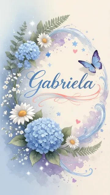Gabriela diseño 1 - Hortensias azules, flores pequeñas y acuarela suave con mariposas azules y brillo etéreo