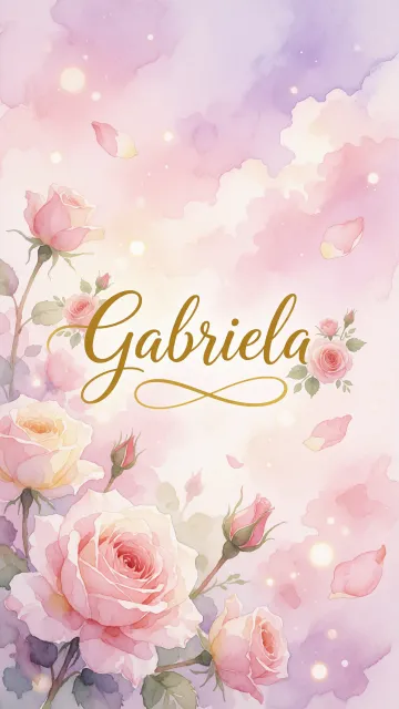Gabriela diseño 10 - Diseño estilo acuarela con un fondo etéreo y texturizado en nubes de tonos rosa pastel y lila suave. Presenta composiciones de rosas abiertas y capullos en los bordes inferior y superior, con pétalos cayendo delicadamente. Incorpora destellos de luz cálida (efecto bokeh) y, en el centro, resalta una tipografía elegante, cursiva y fluida en color dorado.
