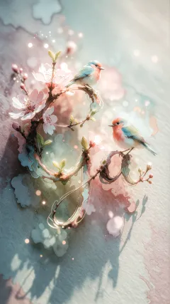 Gabriela - Un delicado diseño de estilo acuarela digital que combina una tipografía de caligrafía personalizada para el nombre en tonos dorados y rosados suaves, adornada con pequeñas hojas y brotes. Un pajarito azul y naranja vibrante está posado en una de las letras. Todo está rodeado por un marco circular de ramas de cerezo en flor con delicadas flores rosadas y blancas. El fondo es un lavado de acuarela difuminado en tonos pastel suaves de azul cerceta, rosa rubor y melocotón sobre una textura de papel rugoso, con destellos luminosos y motas de luz bokeh flotando alrededor, creando una atmósfera mágica y soñadora. Las sombras suaves proyectadas añaden profundidad.