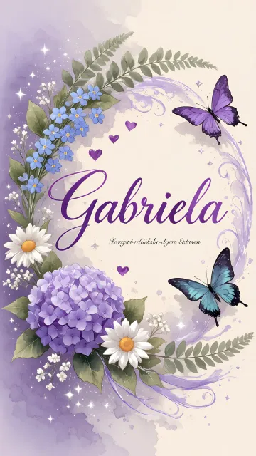 Gabriela diseño 2 - Diseño elegante de hortensias en tonos lila y morados suaves, con volutas estilizadas y una mariposa mística que aporta un toque etéreo y mágico.