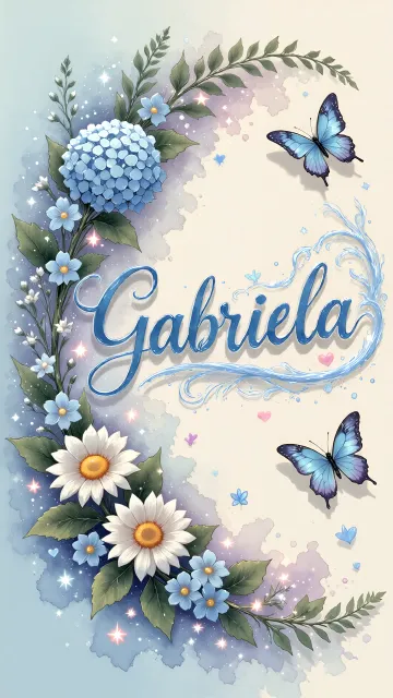 Gabriela diseño 4 - Composición magica con nombre en letra cursiva azul, rodeado de hortensias azules, margaritas blancas y delicadas flores silvestres, enmarcado por suaves remolinos de agua, mariposas azules y destellos estelares sobre un fondo etéreo y romántico.