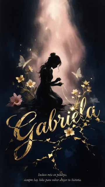 Gabriela diseño 6 - Composición de ilustración semirrealista cinematográfica con silueta femenina tejiendo un hilo dorado de luz sobre un suelo oscuro fracturado al estilo Kintsugi, donde el nombre resalta en un prominente guión caligráfico dorado que emerge de las grietas, rodeado de flores blancas, mariposas y un fondo degradado de azules profundos iluminado por una luz celestial en tonos melocotón y crema, con una frase de aliento en tipografía blanca en la parte inferior.