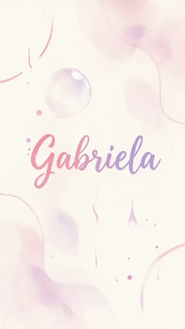 Gabriela diseño 7 - Diseño abstracto en acuarela sobre fondo crema, con manchas fluidas y etéreas en rosa pastel y lila, líneas curvas que aportan movimiento, pequeñas gotas salpicadas cayendo verticalmente y una burbuja translúcida en la parte superior izquierda. El nombre resalta al centro con una tipografía cursiva amplia y elegante en degradado rosa a morado.