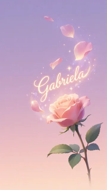Gabriela diseño 8 - Fondo de Pantalla con degradado suave que transiciona de lila en la parte superior a melocotón y rosa pastel en la base, destacando una rosa rosada hiperrealista con tallo y hojas verdes. El nombre brilla en tipografía cursiva con efecto neón cálido, adornado con pétalos cayendo y chispas de luz mágica.
