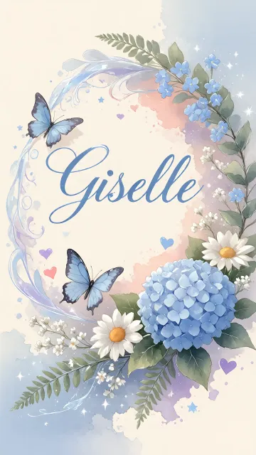 Giselle diseño 1 - Hortensias azules, flores pequeñas y acuarela suave con mariposas azules y brillo etéreo