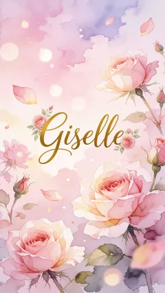 Giselle - Diseño estilo acuarela con un fondo etéreo y texturizado en nubes de tonos rosa pastel y lila suave. Presenta composiciones de rosas abiertas y capullos en los bordes inferior y superior, con pétalos cayendo delicadamente. Incorpora destellos de luz cálida (efecto bokeh) y, en el centro, resalta una tipografía elegante, cursiva y fluida en color dorado.