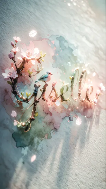 Giselle diseño 11 - Un delicado diseño de estilo acuarela digital que combina una tipografía de caligrafía personalizada para el nombre en tonos dorados y rosados suaves, adornada con pequeñas hojas y brotes. Un pajarito azul y naranja vibrante está posado en una de las letras. Todo está rodeado por un marco circular de ramas de cerezo en flor con delicadas flores rosadas y blancas. El fondo es un lavado de acuarela difuminado en tonos pastel suaves de azul cerceta, rosa rubor y melocotón sobre una textura de papel rugoso, con destellos luminosos y motas de luz bokeh flotando alrededor, creando una atmósfera mágica y soñadora. Las sombras suaves proyectadas añaden profundidad.