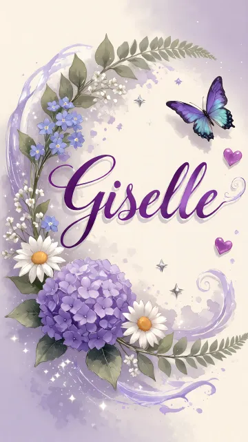 Giselle diseño 2 - Diseño elegante de hortensias en tonos lila y morados suaves, con volutas estilizadas y una mariposa mística que aporta un toque etéreo y mágico.