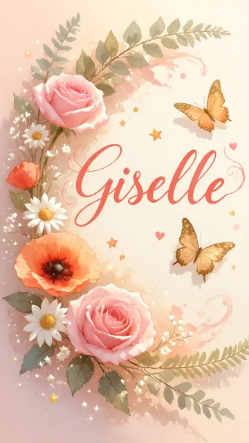 Giselle diseño 3 - Elegante composición de rosas rosadas y amapolas naranjas con mariposas doradas brillantes sobre un fondo cálido, romántico y mágico.