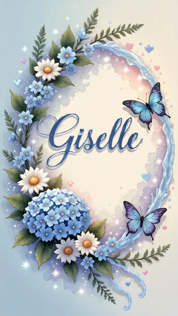 Giselle diseño 4 - Composición magica con nombre en letra cursiva azul, rodeado de hortensias azules, margaritas blancas y delicadas flores silvestres, enmarcado por suaves remolinos de agua, mariposas azules y destellos estelares sobre un fondo etéreo y romántico.