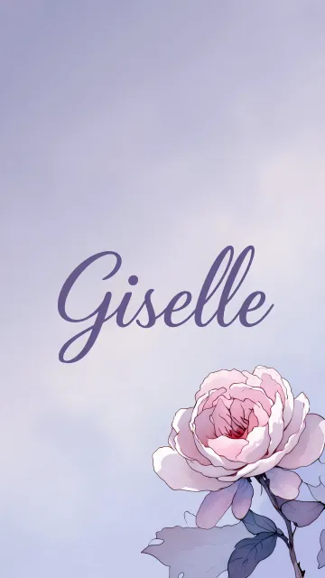 Giselle diseño 5 - Nombre en elegante tipografía cursiva caligráfica en tono lavanda, sobre fondo acuarela de cielo nublado en tonos pastel (azul, blanco, lavanda), decorado con rosa en acuarela de pétalos rosa pálido, blanco crema y lilas suaves con hojas en gris-verde.