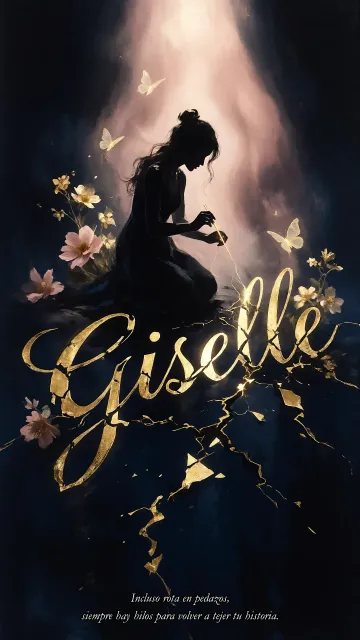 Giselle diseño 6 - Composición de ilustración semirrealista cinematográfica con silueta femenina tejiendo un hilo dorado de luz sobre un suelo oscuro fracturado al estilo Kintsugi, donde el nombre resalta en un prominente guión caligráfico dorado que emerge de las grietas, rodeado de flores blancas, mariposas y un fondo degradado de azules profundos iluminado por una luz celestial en tonos melocotón y crema, con una frase de aliento en tipografía blanca en la parte inferior.