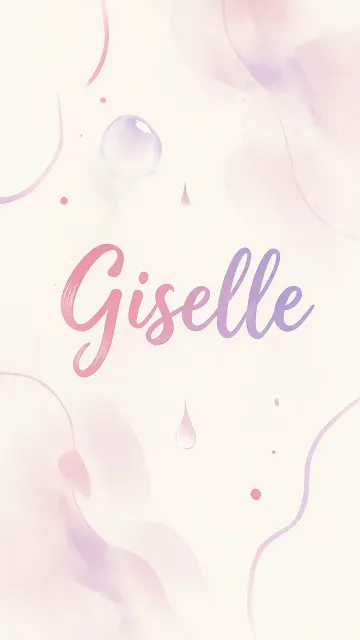 Giselle diseño 7 - Diseño abstracto en acuarela sobre fondo crema, con manchas fluidas y etéreas en rosa pastel y lila, líneas curvas que aportan movimiento, pequeñas gotas salpicadas cayendo verticalmente y una burbuja translúcida en la parte superior izquierda. El nombre resalta al centro con una tipografía cursiva amplia y elegante en degradado rosa a morado.