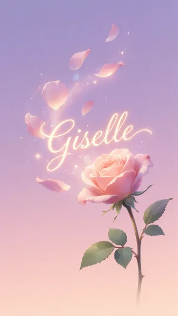 Giselle diseño 8 - Fondo de Pantalla con degradado suave que transiciona de lila en la parte superior a melocotón y rosa pastel en la base, destacando una rosa rosada hiperrealista con tallo y hojas verdes. El nombre brilla en tipografía cursiva con efecto neón cálido, adornado con pétalos cayendo y chispas de luz mágica.