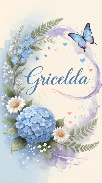 Gricelda diseño 1 - Hortensias azules, flores pequeñas y acuarela suave con mariposas azules y brillo etéreo
