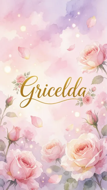 Gricelda diseño 10 - Diseño estilo acuarela con un fondo etéreo y texturizado en nubes de tonos rosa pastel y lila suave. Presenta composiciones de rosas abiertas y capullos en los bordes inferior y superior, con pétalos cayendo delicadamente. Incorpora destellos de luz cálida (efecto bokeh) y, en el centro, resalta una tipografía elegante, cursiva y fluida en color dorado.