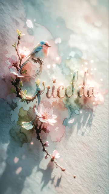 Gricelda diseño 11 - Un delicado diseño de estilo acuarela digital que combina una tipografía de caligrafía personalizada para el nombre en tonos dorados y rosados suaves, adornada con pequeñas hojas y brotes. Un pajarito azul y naranja vibrante está posado en una de las letras. Todo está rodeado por un marco circular de ramas de cerezo en flor con delicadas flores rosadas y blancas. El fondo es un lavado de acuarela difuminado en tonos pastel suaves de azul cerceta, rosa rubor y melocotón sobre una textura de papel rugoso, con destellos luminosos y motas de luz bokeh flotando alrededor, creando una atmósfera mágica y soñadora. Las sombras suaves proyectadas añaden profundidad.