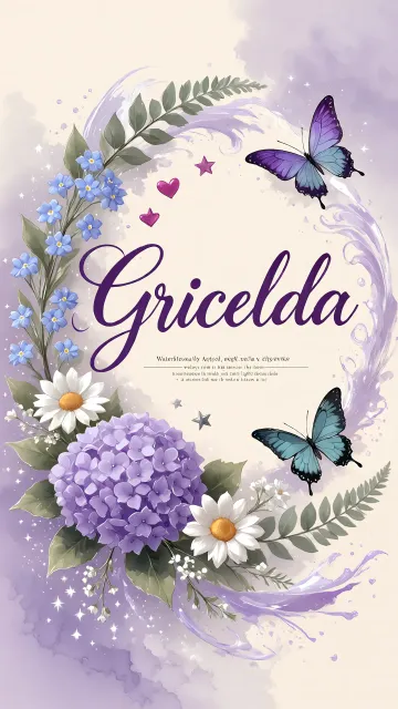 Gricelda diseño 2 - Diseño elegante de hortensias en tonos lila y morados suaves, con volutas estilizadas y una mariposa mística que aporta un toque etéreo y mágico.
