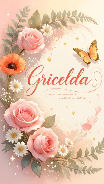 Gricelda diseño 3 - Elegante composición de rosas rosadas y amapolas naranjas con mariposas doradas brillantes sobre un fondo cálido, romántico y mágico.