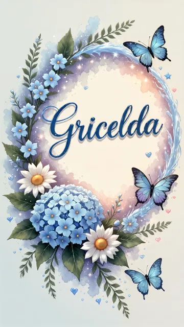 Gricelda diseño 4 - Composición magica con nombre en letra cursiva azul, rodeado de hortensias azules, margaritas blancas y delicadas flores silvestres, enmarcado por suaves remolinos de agua, mariposas azules y destellos estelares sobre un fondo etéreo y romántico.