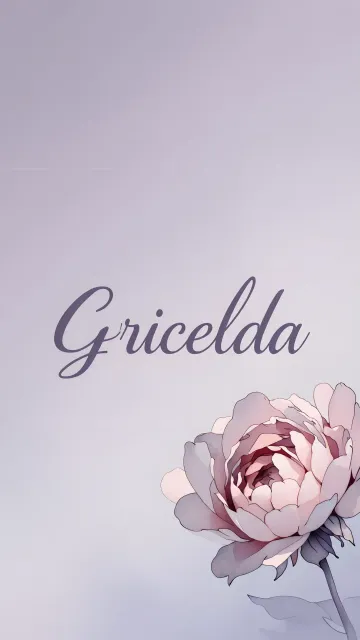 Gricelda diseño 5 - Nombre en elegante tipografía cursiva caligráfica en tono lavanda, sobre fondo acuarela de cielo nublado en tonos pastel (azul, blanco, lavanda), decorado con rosa en acuarela de pétalos rosa pálido, blanco crema y lilas suaves con hojas en gris-verde.