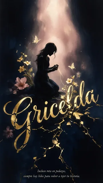 Gricelda diseño 6 - Composición de ilustración semirrealista cinematográfica con silueta femenina tejiendo un hilo dorado de luz sobre un suelo oscuro fracturado al estilo Kintsugi, donde el nombre resalta en un prominente guión caligráfico dorado que emerge de las grietas, rodeado de flores blancas, mariposas y un fondo degradado de azules profundos iluminado por una luz celestial en tonos melocotón y crema, con una frase de aliento en tipografía blanca en la parte inferior.