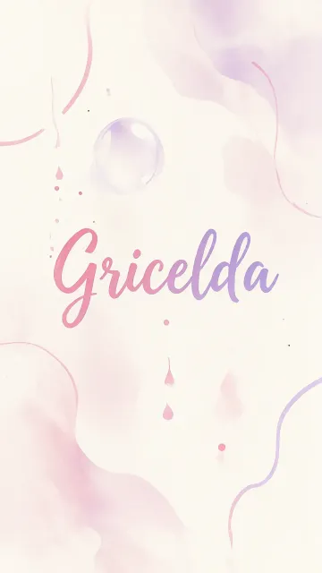 Gricelda diseño 7 - Diseño abstracto en acuarela sobre fondo crema, con manchas fluidas y etéreas en rosa pastel y lila, líneas curvas que aportan movimiento, pequeñas gotas salpicadas cayendo verticalmente y una burbuja translúcida en la parte superior izquierda. El nombre resalta al centro con una tipografía cursiva amplia y elegante en degradado rosa a morado.